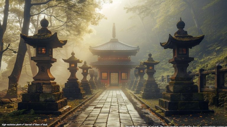 秘密に包まれた森、神社の神聖な空間を歩く